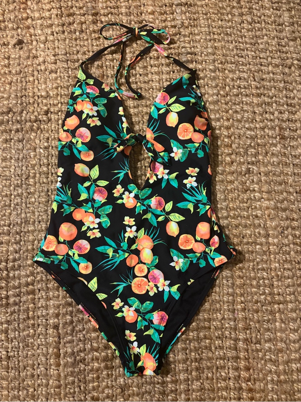 Juniors Black Floral Citrus One-Piece Swimsuit